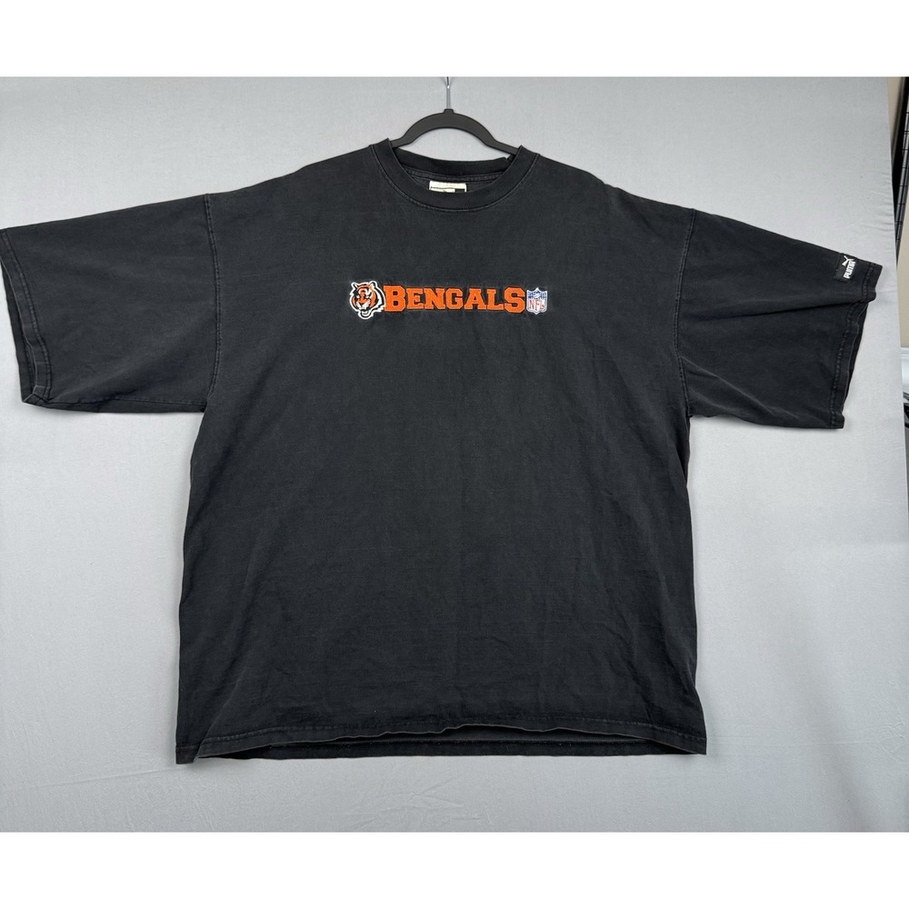 Vintage Cincinnati Bengals Puma T-Shirt Mens XL Black Embroidered Tee Distressed